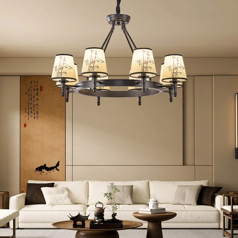 الثريا مصباح غرفة المعيشة ورقة الخيزران زن غطاء قماش صيني جديد فن بسيط قاعة المد الصينية المصباح الرئيسي #1