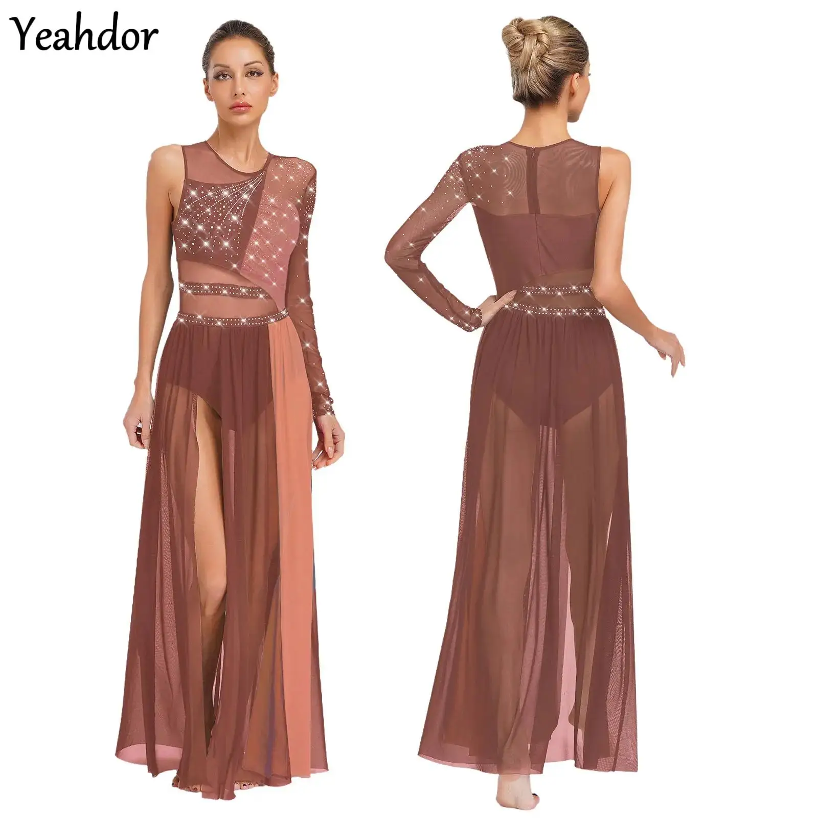 

Women Modern Lyrical Dance Dress Rhinestones Ballet Gymnastics Leotards Side Split Sheer Mesh Ice Skating Contemporary Dancewear