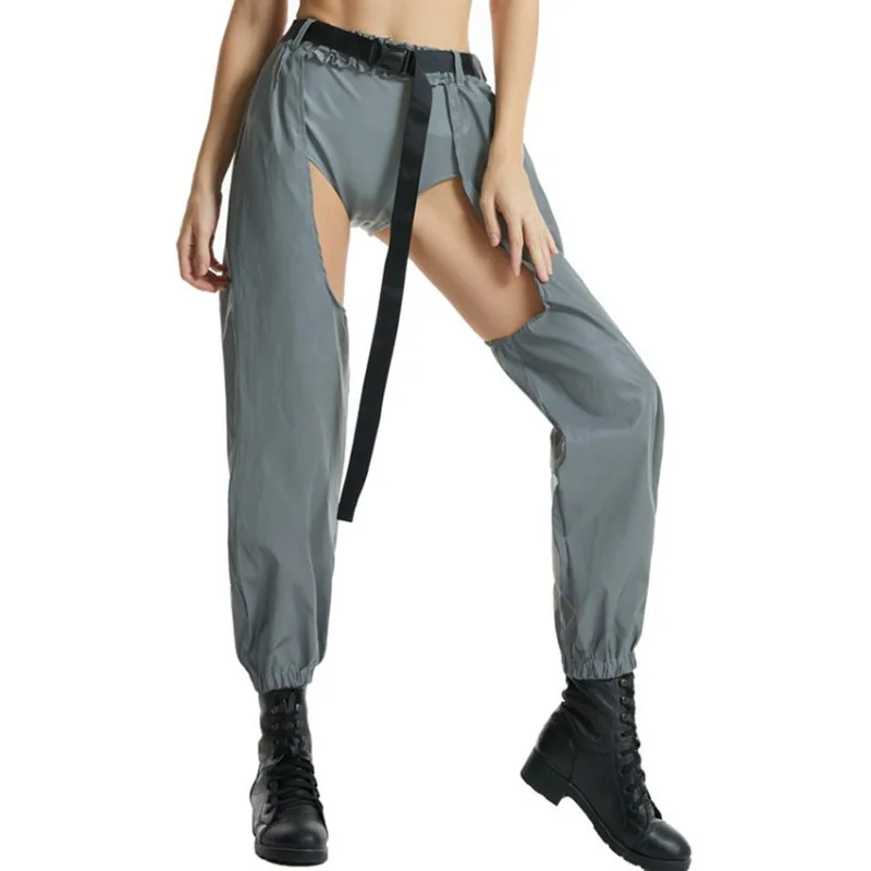 Pantalones reflectantes brillantes oscuros para mujer, pantalones holográficos sexys, ropa para discoteca de baile callejero, pantalones largos con entrepierna abierta, fiesta Rave de Hip Hop