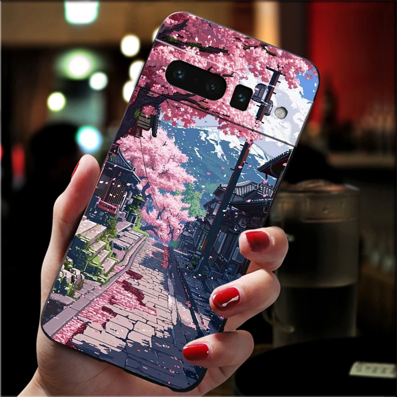 Japanese Landscape Cherry Flower Phone Case For Google Pixel 9 Pro XL 8 7 6 Pro Pixel 8A 7A 6A 4A 3A 3XL Pixel 8 7 6 5 4