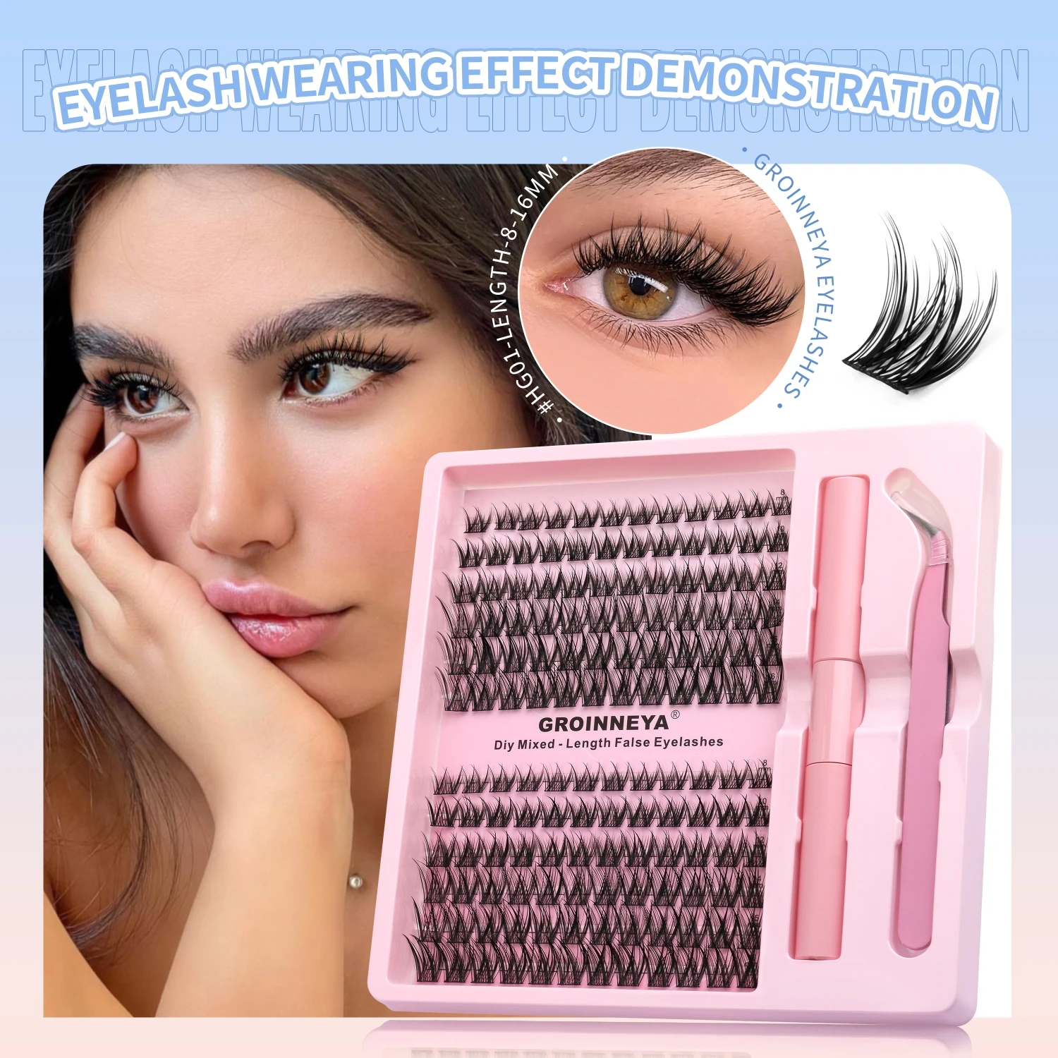 GROINNEYA Kit grappoli per ciglia Ciglia per gatti con legame per ciglia e sigillo Cluster Estensioni ciglia Kit grappole per ciglia fai da te Fai da te a casa