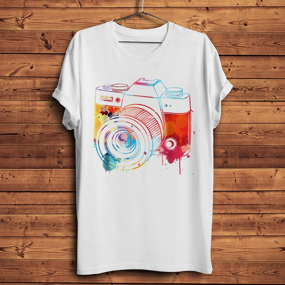 Fresh style watercolor camera design t shirt man tops Tees short sleeve O-neck Breathable T-shirt white unisex casual tshirt