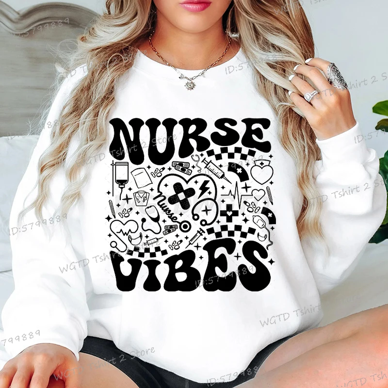 

Spring 2025 Women's Nurse Sweatshirts Funny Retro Nurse Vibes Graphic Hoodless Pullover Fashion Long Sleeve Cool Nurse Hoodies