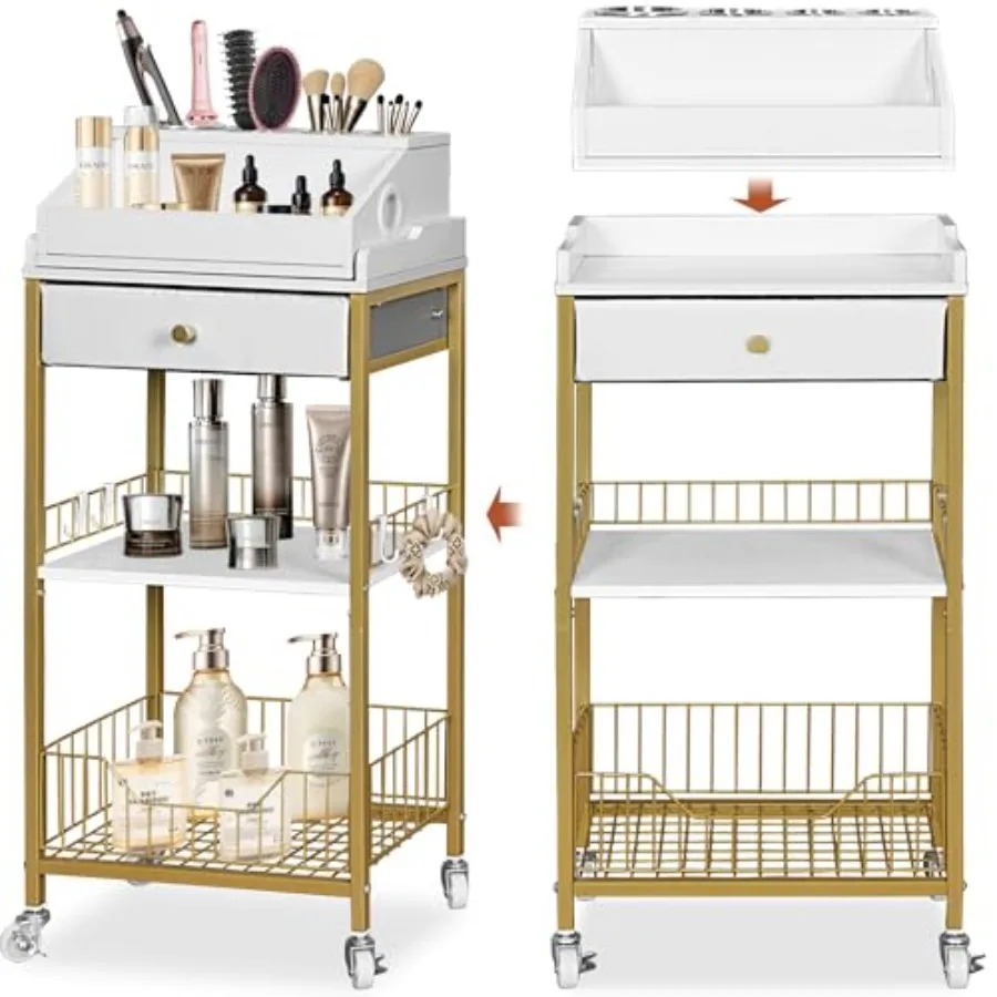 

Makeup Organizer Cart with Drawer, 2-in-1 Rolling Organizer Cart with Hair Tool Holder, Vanity Storage for Skincare, Perfume, N