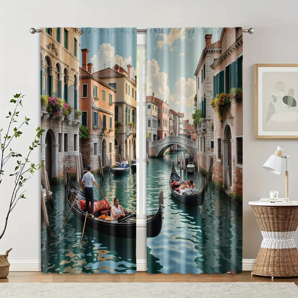 2 pcs, filtering curtains (excluding rods, non-movable, without batteries) Venice Landscape for use in bedrooms and living rooms