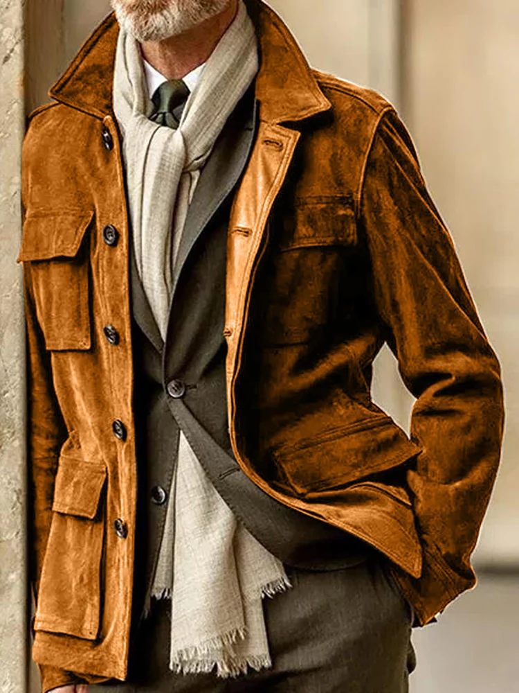Men's Vintage Suede Casual Jacket Solid Single-breasted Lapel Outdoor Multiple Pockets Fashion Straight Autumn Streetwear Jacket