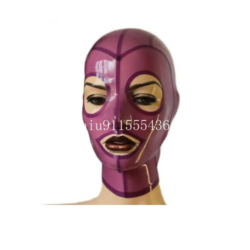 

Transparent Purple Latex Hood Rubber Mask with Open Eey and Mouth Back Zip Catsuit Cosplay Party Fetish Handmade