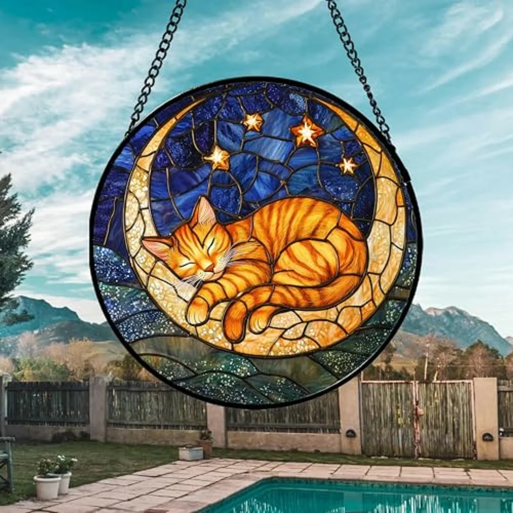 Stained Glass Window Hanging - Orange Moon Sleeping Cat Sun Catcher for Door Home Decor Blue Starry Sky Suncatcher Christmas Mot