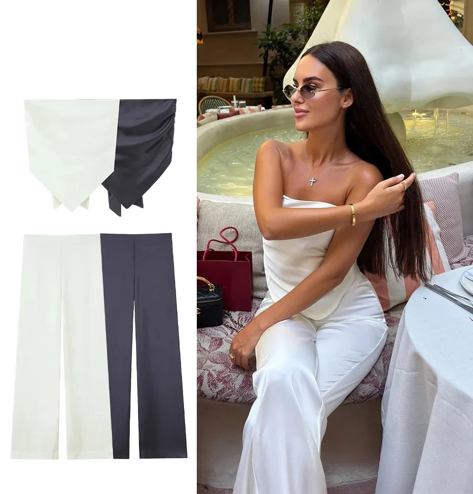 

KONDALA Elegant Lady Satin Set Strapless Tops with Back Bow Slim Long Pants 2025 Summer Fall Fashion High Street Women Pants Set