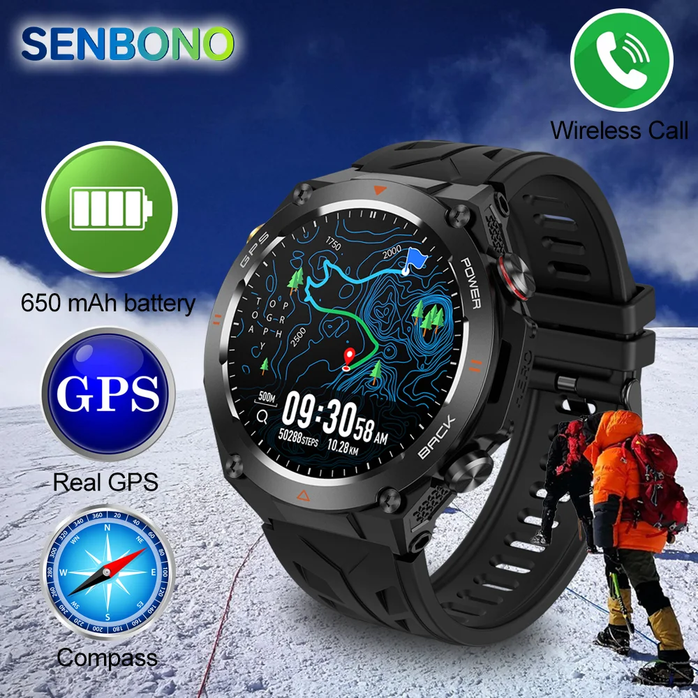 SENBONO 2025 GPS Smartwatch Men Bluetooth Call Compass 650mAh Fitness Traker Sport 1.45-inch Ultra Smart Watch for Android IOS