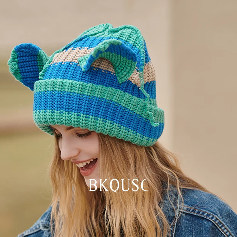 BKQUSC Knitted Cute Cat Ear Beanies for Women Winter Warm Thick Striped Knitting Bonnet Cap Female Big Head Skullies Beanies Hat