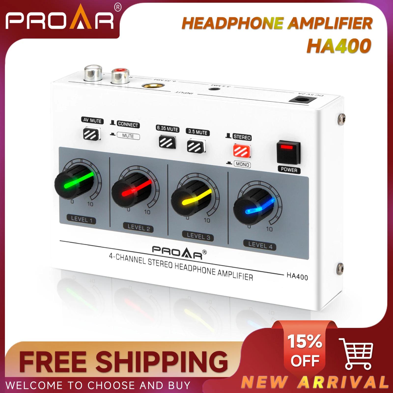 

HA400 4 Channel Stereo Headphone Amplifier Compact Line Mixer with RGB Light RCA/6.35mm/3.5mm Input Volume Control