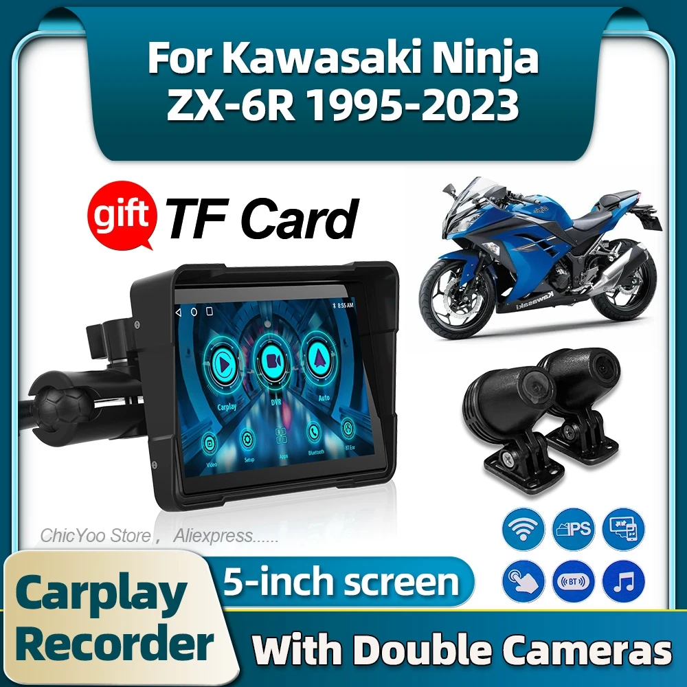 

5 Inch Motorcycle Carplay Waterproof Navigation Screen Display With Dual Cameras For Kawasaki Ninja ZX-6R 1995 1996 1997 98-2023