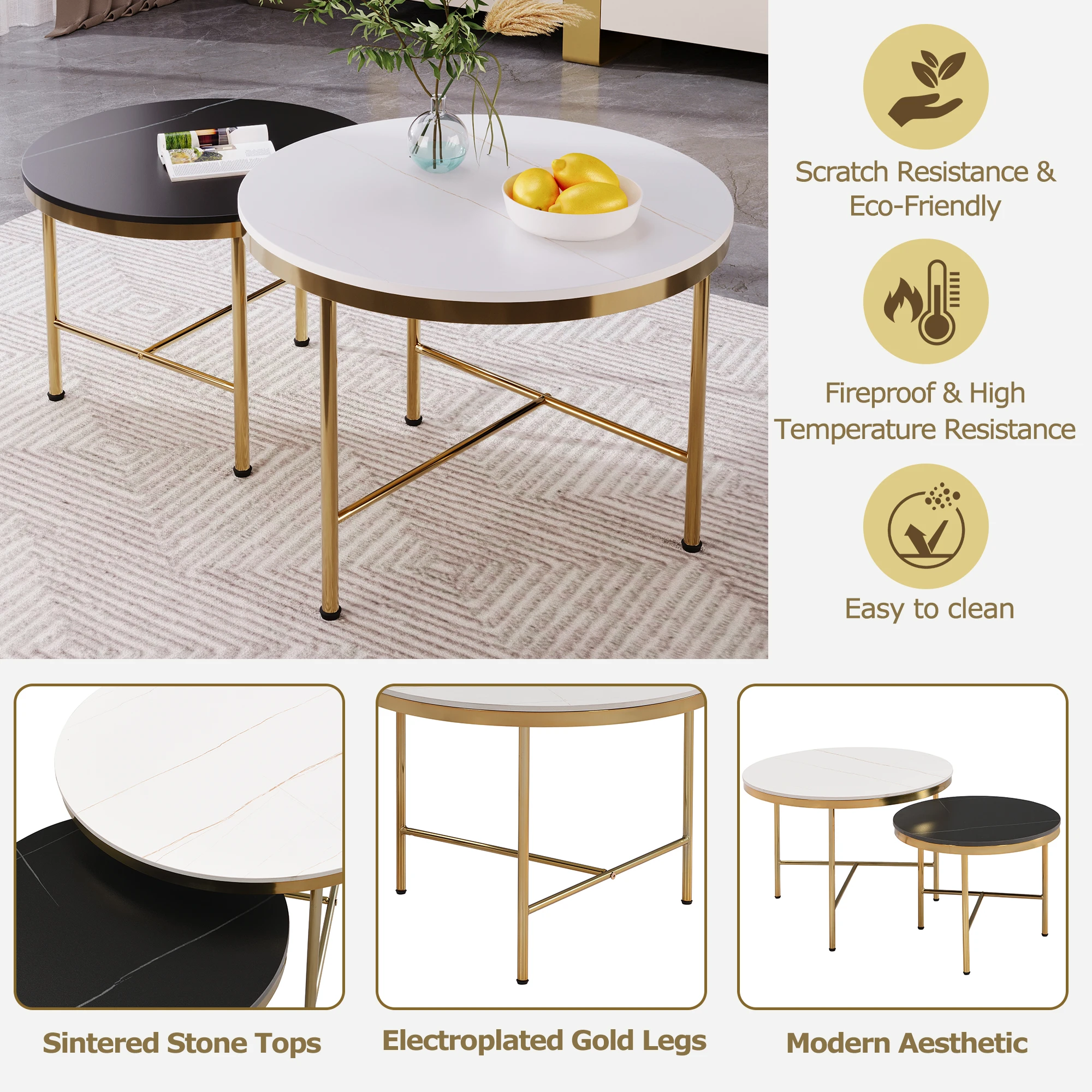 Modern Round Nesting Coffee Table Set 2-Piece Black & White Sintered Stone Top Gold Base in 23.6''&17.7''