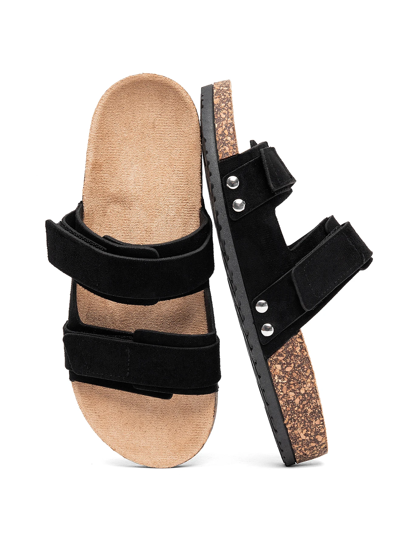 Women Double Adjustable Velcro Strap Cork Footbed Slide Sandals Suede Rivet Flat Slip On Summer Casual Open Toe Slippers