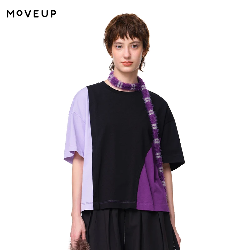 

MOVEUP Loose Short Sleeves Round Neck T-Shirt 2026 Summer New Contrast Color Tees Personalized Casual Top For Women 3EWX10560
