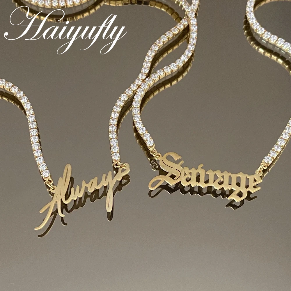 Haiyufly Custom Name Necklace for Women Personalized Zircon Iced Out Chain Stainless Steel Jewelry Stone Tennis Choker Gift