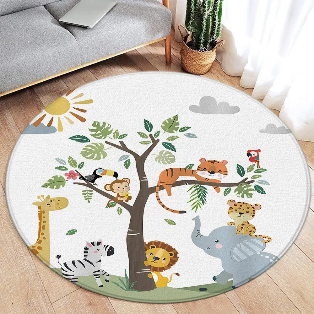 Cartoon Ocean & Jungle Animal Print Round Rug – Cute Fish, Dolphin, Starfish, Deer, Lion, Elephant, Tiger Kids Floor Mat Decor - view 6