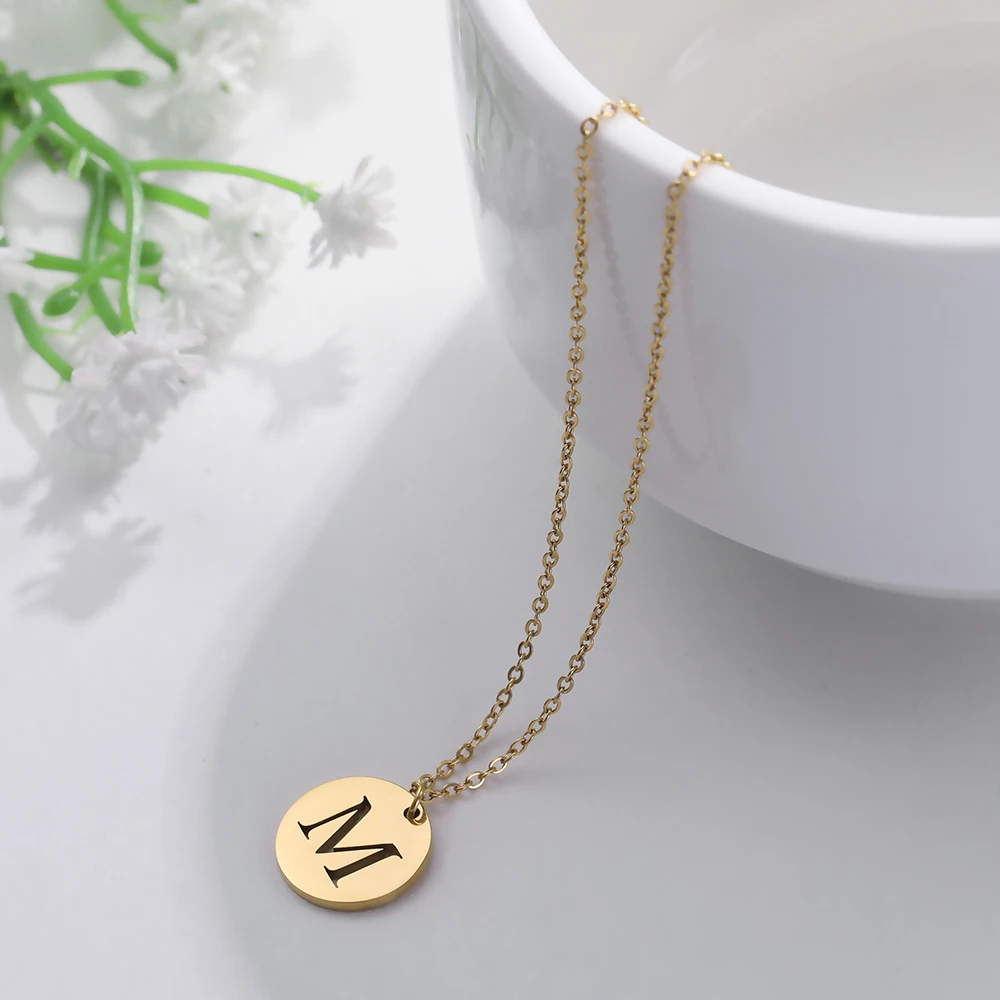 Cazador Gold Color 26 Initial Letter Necklace Stainless Steel Alphabet Round Pendant Choker Necklaces Jewelry for Women 2024