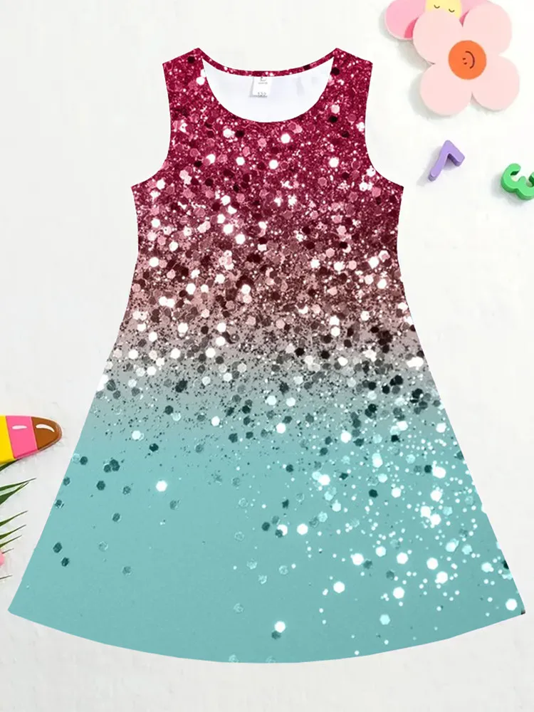 Princess Dress For Girl Summer 2024 Kids Clothes Sleeveless O-neck 3D Print Glitter Children Girls Party Dresses 2 To 8 Years