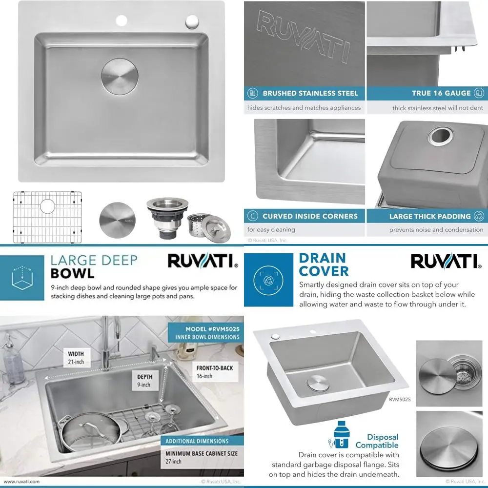 

Ruvati 25 by 22 Inch Topmount Single Bowl Kitchen Sink - 16 Gauge Stainless Steel with Brushed Scratch-Resistant Finish