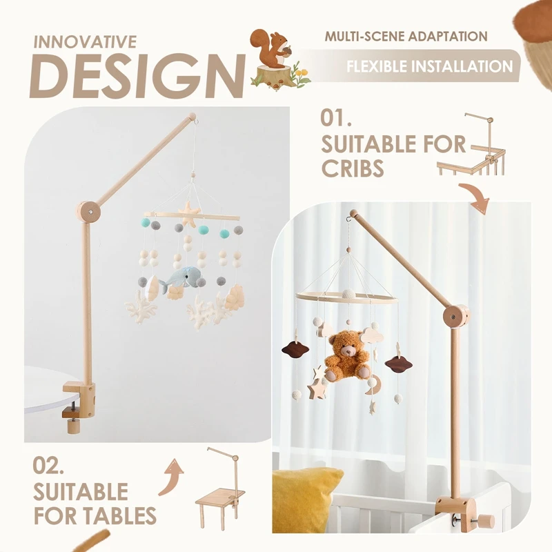 Baby 0-12 Months Mobile Rattle Toys 360 Degree Height Adjustment,Multidirectional Mounting,Upgraded Arch Wooden Bed Bell Bracket