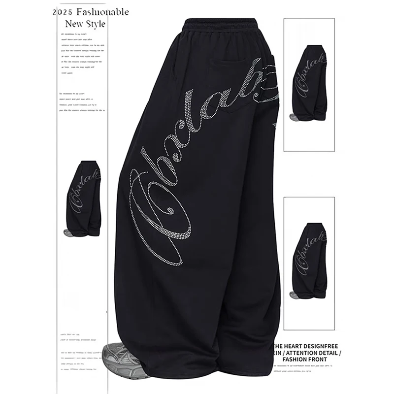 Women Black Oversize Letter Pants Harajuku Baggy Sweatpants 2000s Y2k Vintage Streetwear Japanese 2000s Trousers Spring Clothes