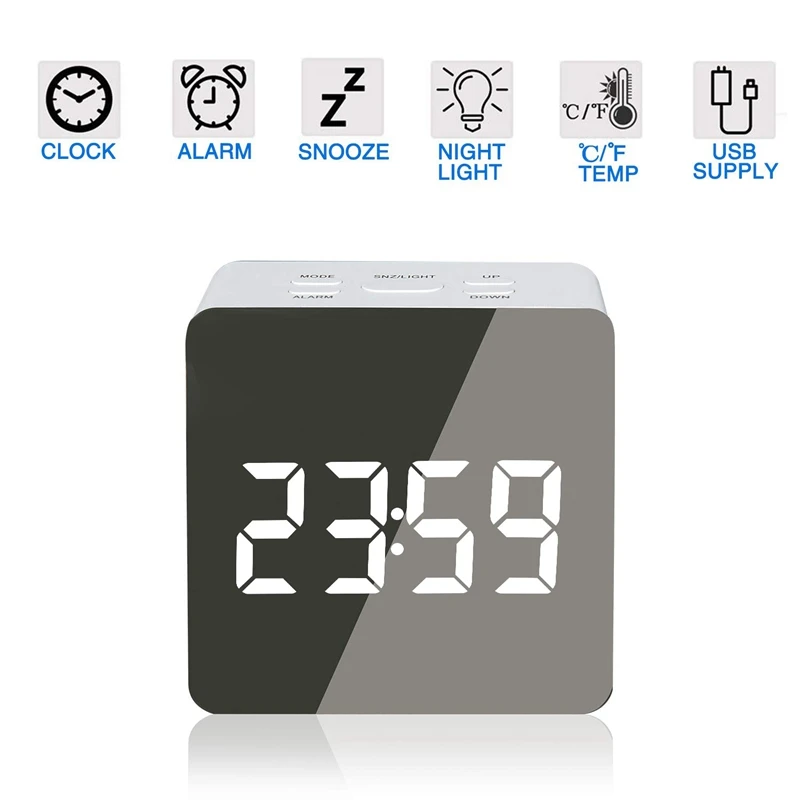 PWS Mirror Clock Alarm Clock Snooze LED Digital Table Clock Time Temperature Large Electronic Display Digital Desk Clock
