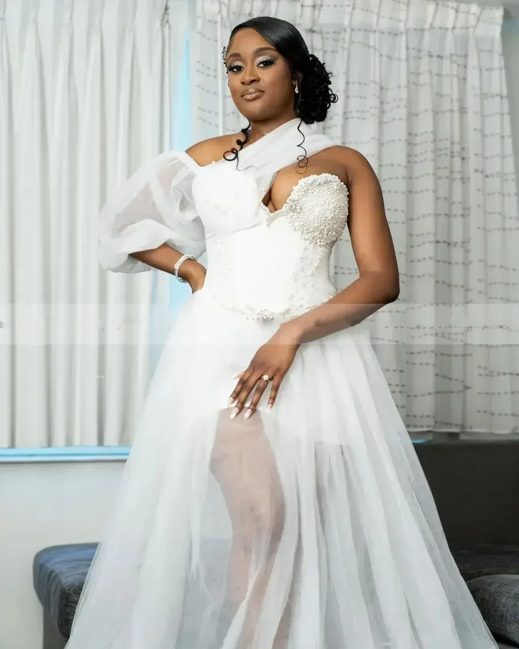 

Индивидуальное скромное свадебное платье А-силуэта на одно плечо, с бисером и пайетками, со шлейфом, из фатина, Vestido De Casamento 2024, свадебное платье