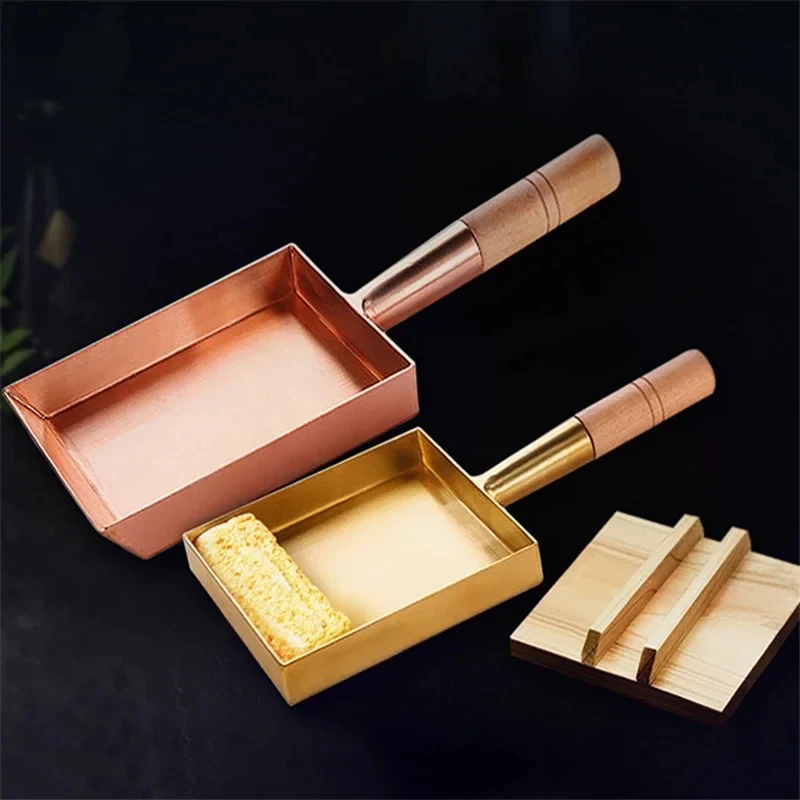 Brass Baking Tray Frying Square With Wooden Handle Pancake Pan Japanese Style Yuzi Braised Copper Pot