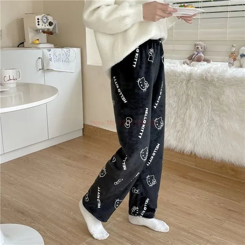 New Sanrio Hello Kitty Pajamas Halloween Flannel Fashion Trouserswomen Kawaii Woolen Anime Cartoon Casual Home Pants Winter