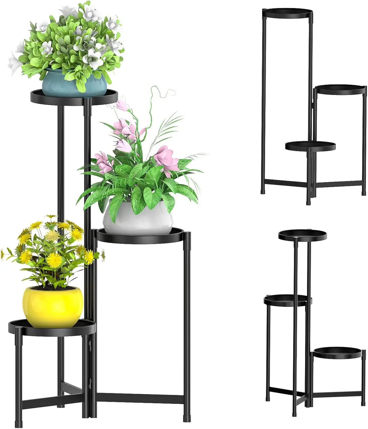 3-Tier Metal Plant Stand Indoor Outdoor Folding Corner Shelf for Multiple Plants Flower Pot Holder Display Rack Black
