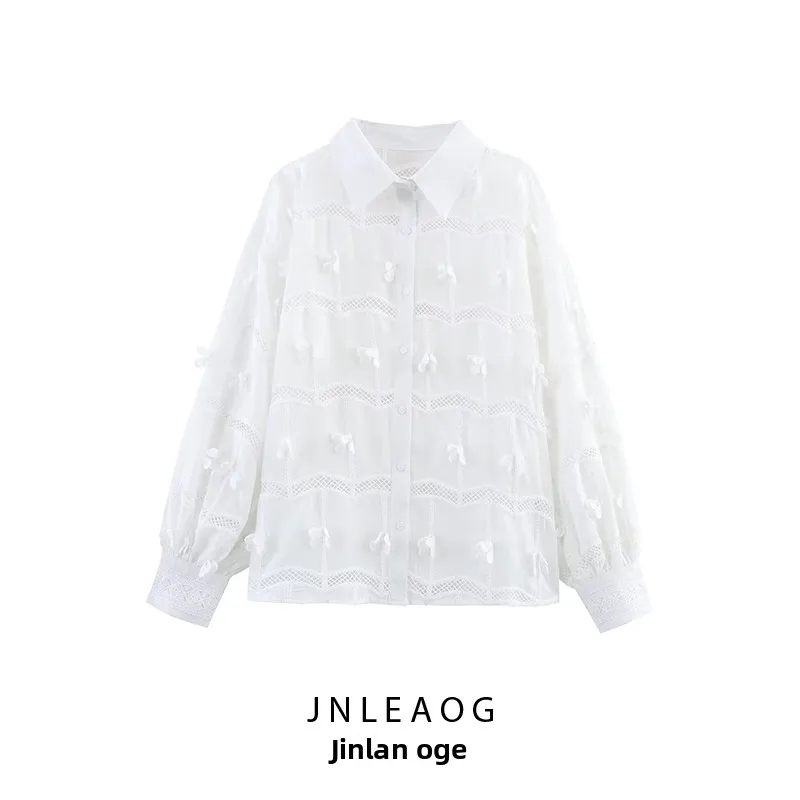 قميص نسائي بتصميم عصري من JNLEAOG بتطريز ثقيل وتفريغات، مناسب لفصل الخريف، بتصميم فضفاض وأكمام طويلة وأزرار، مثالي للتنقل الي...