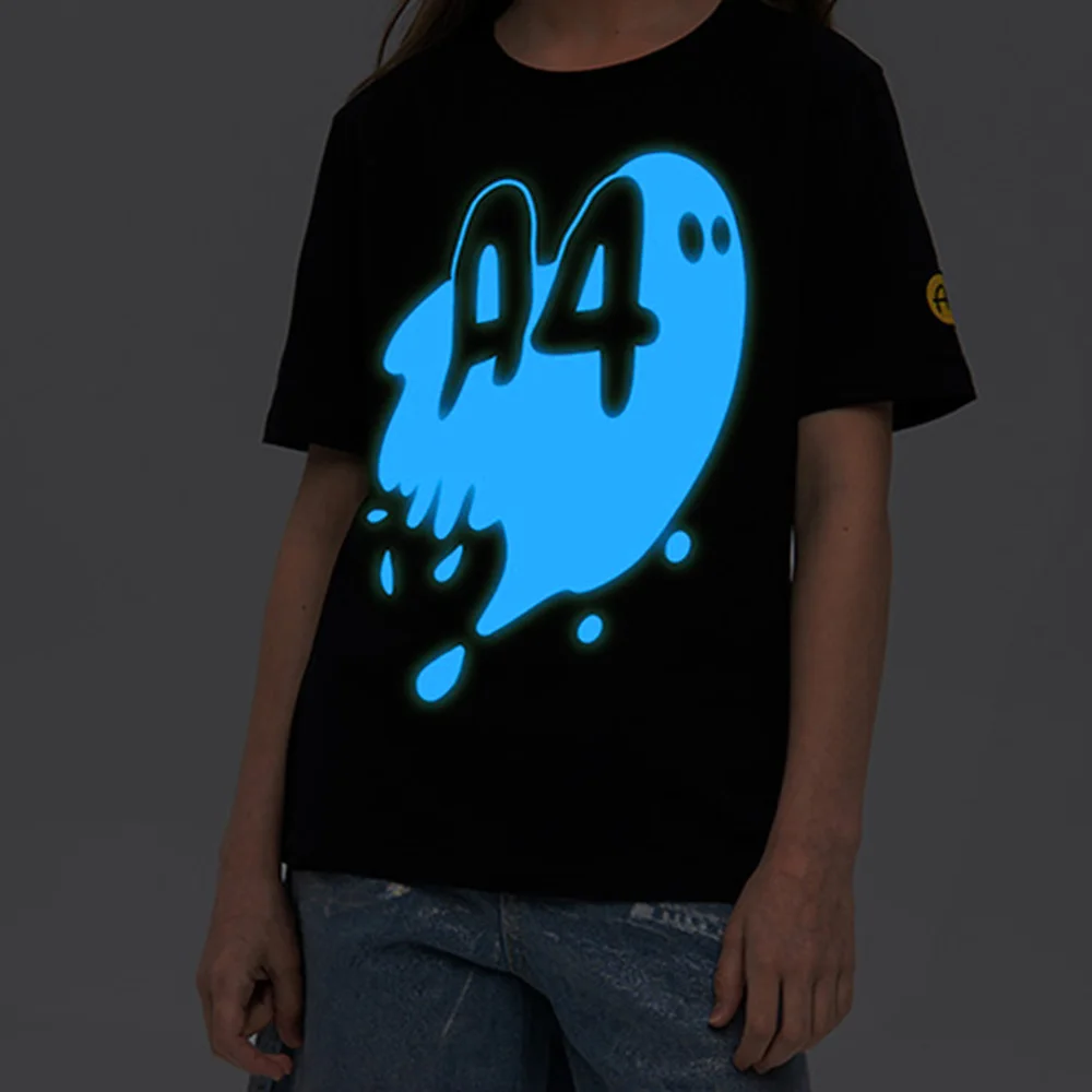 

Футболка А4 Призрак светящийся принт Хлопок 100% Хлопчик Девушка Флуоресцентная Светящаяся Футболка Топы