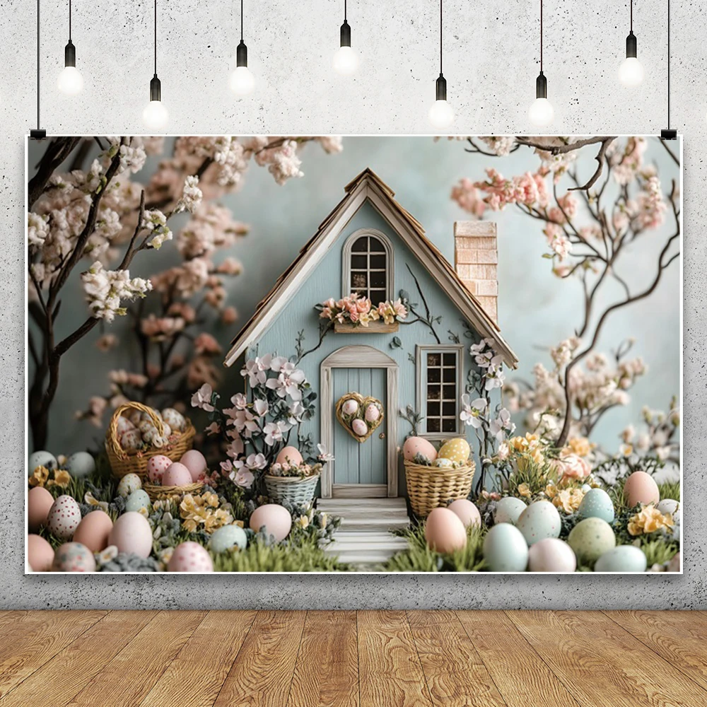 Easter Day Cartoon Cabin Background Spring Easter Rabbit Colorful Eggs Baby Shower Kids Birthday Party Photography Backdrops