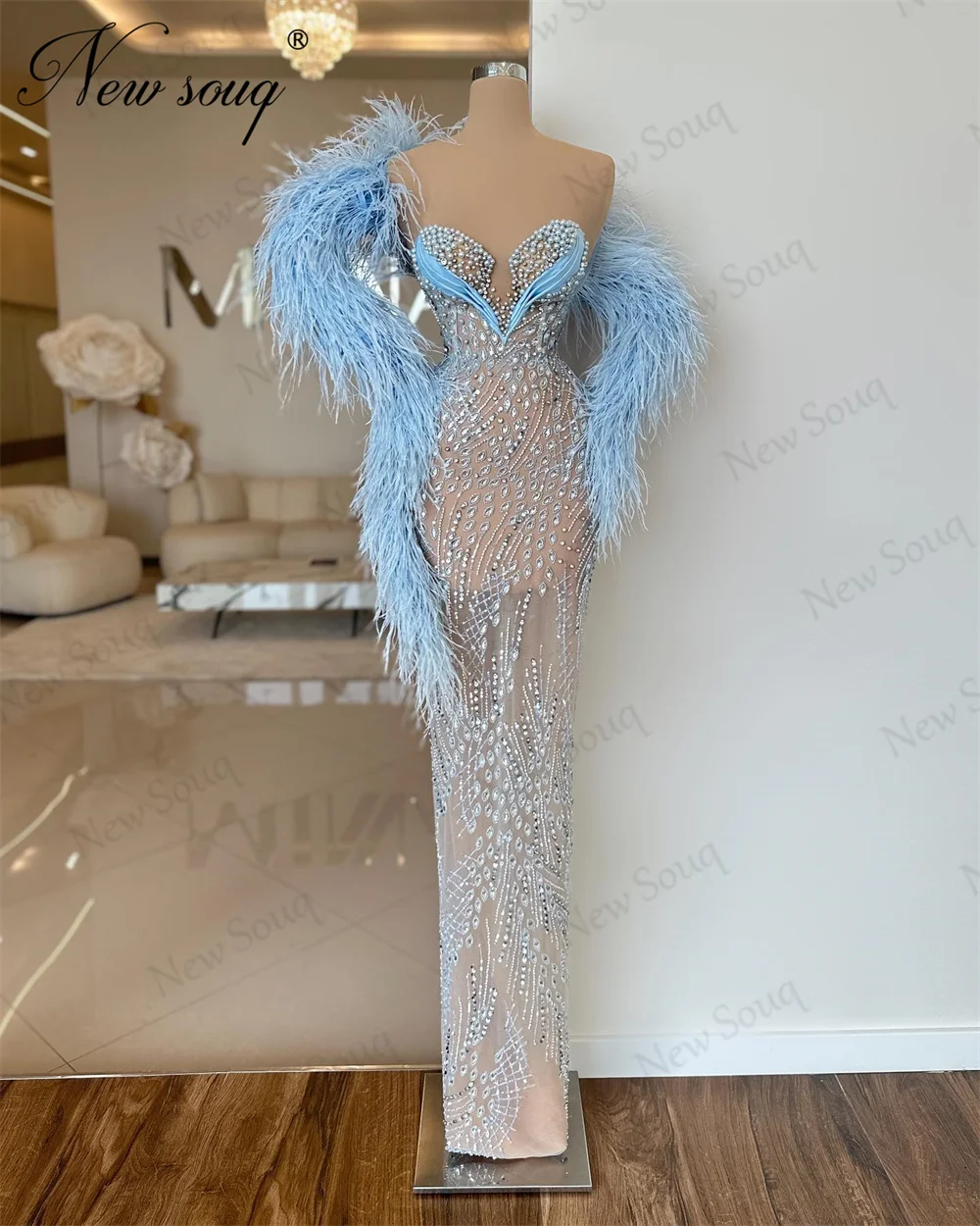 Abendkleider Blue Beading Evening Dresses Off Shoulder Feathers Celebrity Dress For Party Coutures Arabic Cocktail Gowns Robes