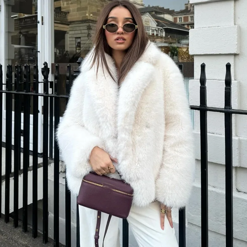 

Tuularose Casual White Thick Fur Jackets Women Long Sleeve V-Neck Autumn/Winter Faux Fur Coats Fashion 2025 Streetwear Outerwear