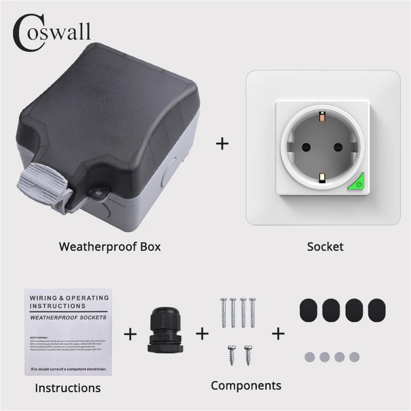 Coswall IP66 Waterproof EU Socket Tuya WIFI / Zigbee Timer Switch Programmable With Power Monitoring Function White