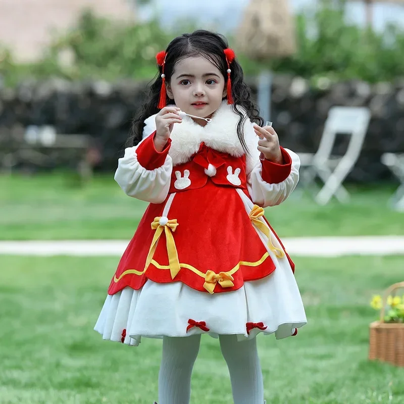 

New Years Red Dress for Girl Baby Chinese Style Boutique Lolita Dresses Winter Children Big Fur Collar Birthday Clothing for Eid