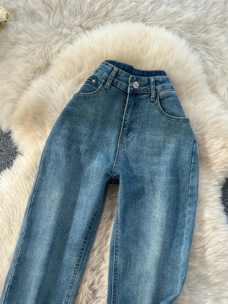 Retro Waed Denim High Waist Straight Leg Pants Women's Casual Slimming Jeans Korean Faion Autumn New Sle