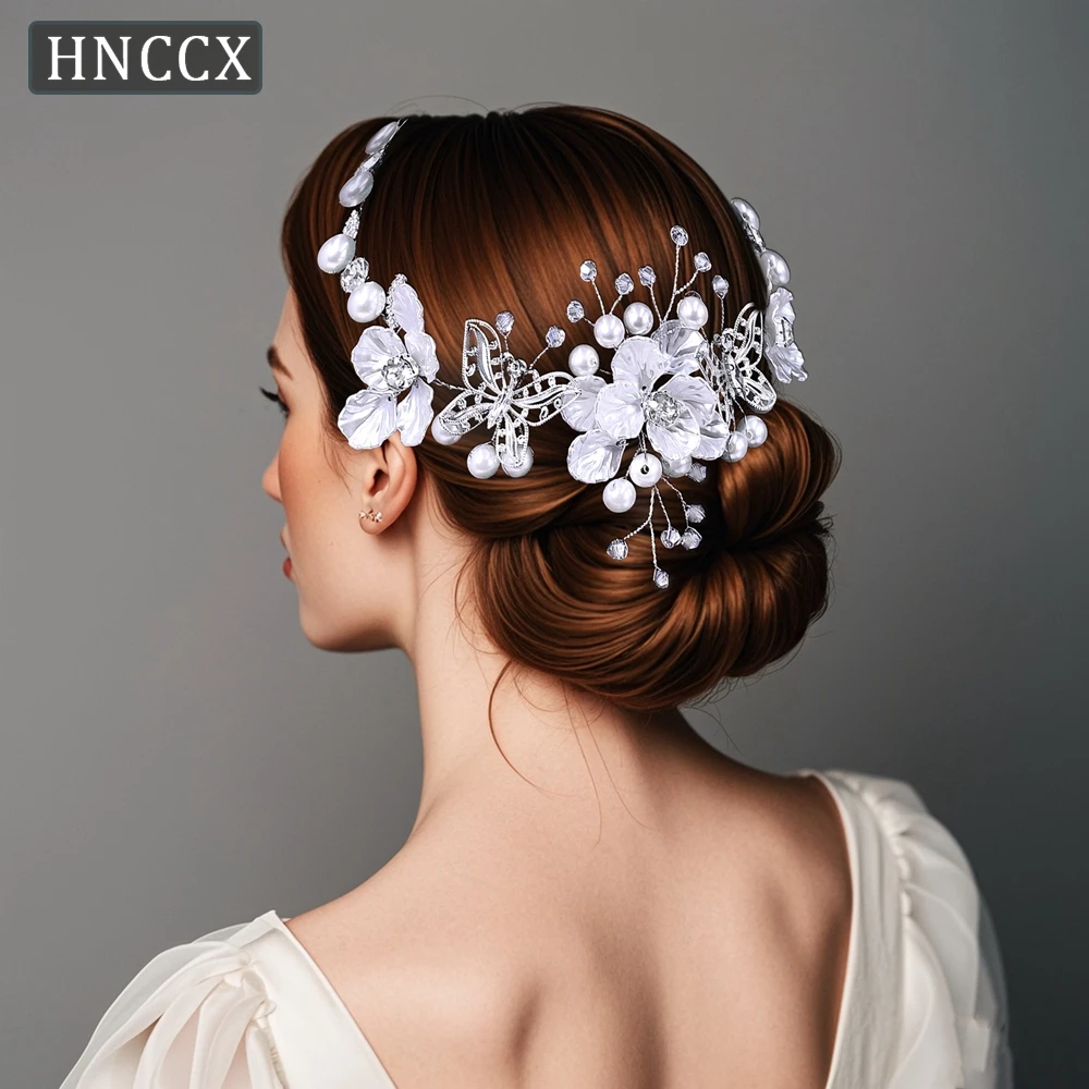 Hnccx moda casamento borboleta coroa bandana noiva pérola grinalda acessórios para o cabelo cor prata jóias de cabelo headpieces cp783