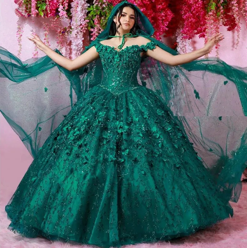 ANGELSBRIDEP Emerald Green Mexican Quinceanera Dresses With Cloak Beading Floral Flowers Lace-up Birthday Sweet 15 Party Gowns