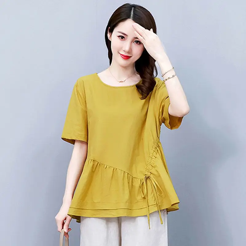 Summer New Simplicity Pleated Lacing Tops Tees Short Sleeve Solid Loose Street Casual T Shirts Vintage Fashion Women Clothing