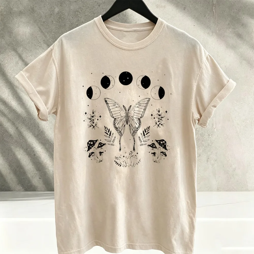 Vintage Moth Moon Phase Mushroom Botanical Graphic T‑Shirt Men Witchy Celestial Lunar Cycle Floral Insect Art Print Casual Tops