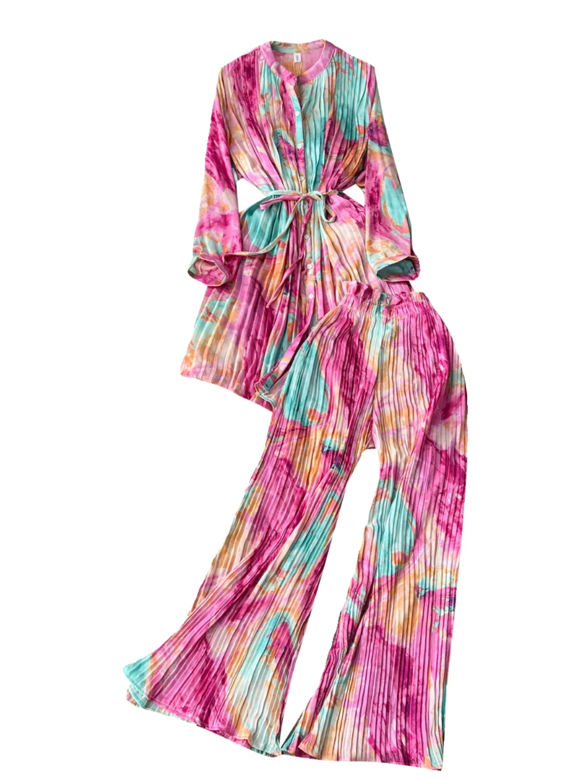 Women's Mid-Length Printed Top And Wide Leg Pants Two-Piece Set High Waist Belted Casual Faion Autumn Collection