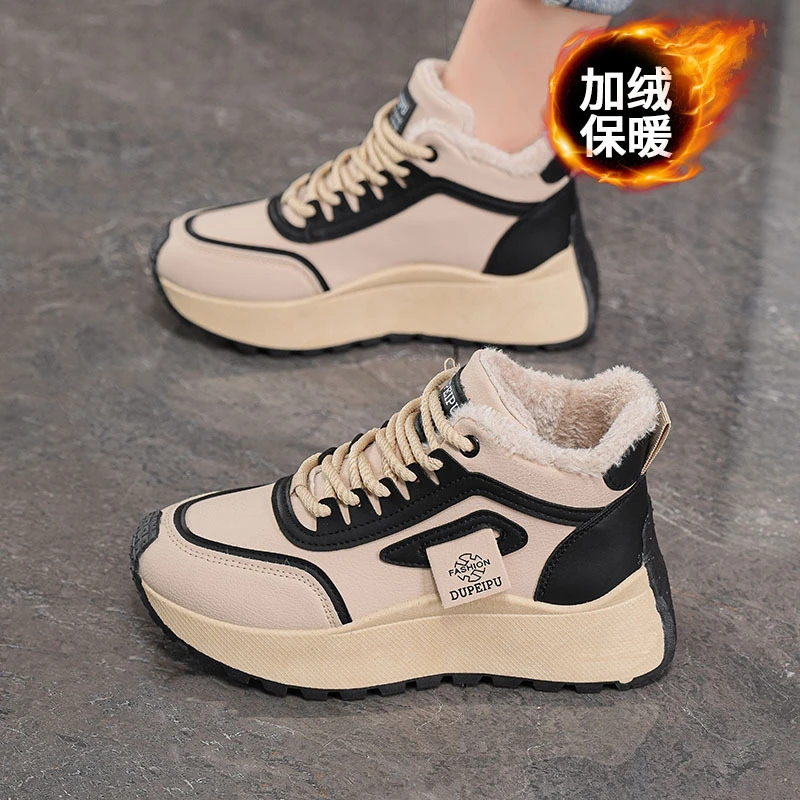 Women Fleece Lined Dad Sneakers Winter New Thick High Top Sport Shoes Korean Style Thick Sole Warm Cotton Shoes Fashion Simpleme
