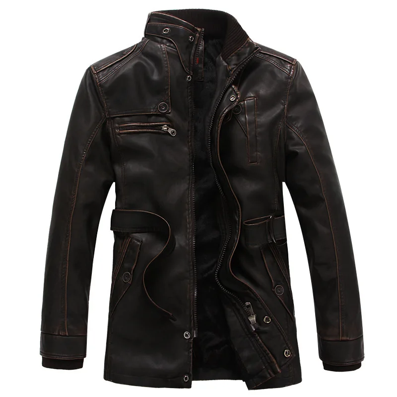 2025 New Men's Fashion Leather Jacket Stand-up Collar Fleece Thickened Warm Pu Leather Jacket Male Vintage Motorcycle Biker Coat
