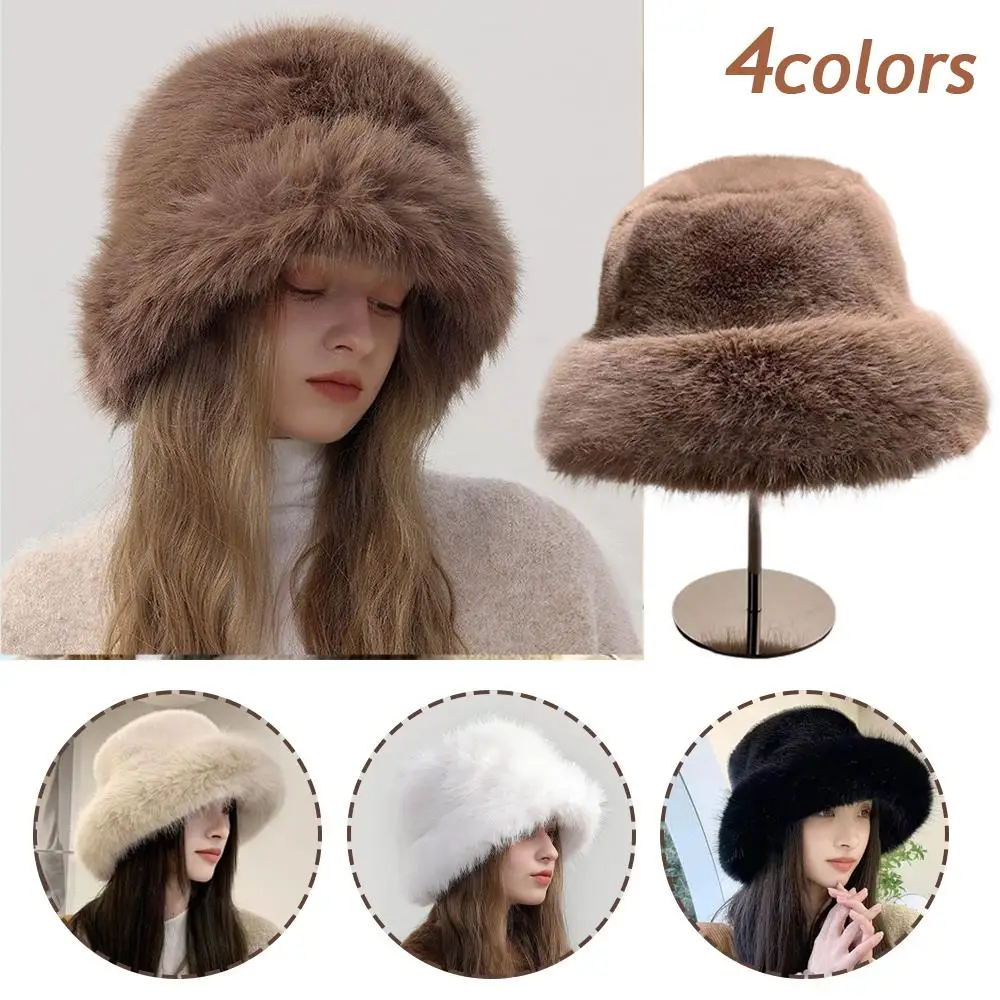 Winter Plush Bucket Hat Thick Coldproof Basin Hats Solid Color Fisherman Cap Windproof Ear Protection Caps Female Panama Cap