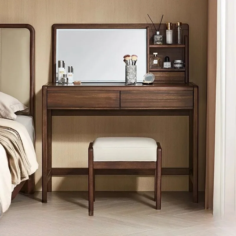 

Bedroom Locker Integrated Dresser Household Solid Wood Makeup Table Vanity Desk With Light Mirror With Seat Chest Of Drawers