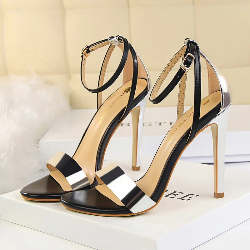 

Round Toe Open Toe Mixed Colors PU Leather Women's Sandals Stiletto High Heels Buckle Summer Elegant Dress Shoes For Woman Pumps